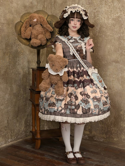 Puppy Sweet Full Cute Lolita Set Braune Taillenhohe und flauschige Kleid-Desserts
