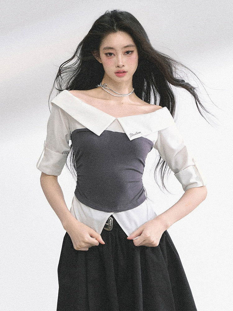 Blue Shirt Striped Foldover Collar Gray/Navy Neckline Off-the-shoulder