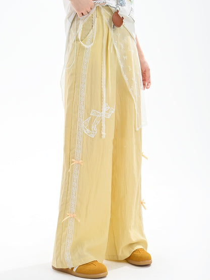 Yellow Regular/Short Version Wide-Leg Pants Bowknot Embroidery High Waist