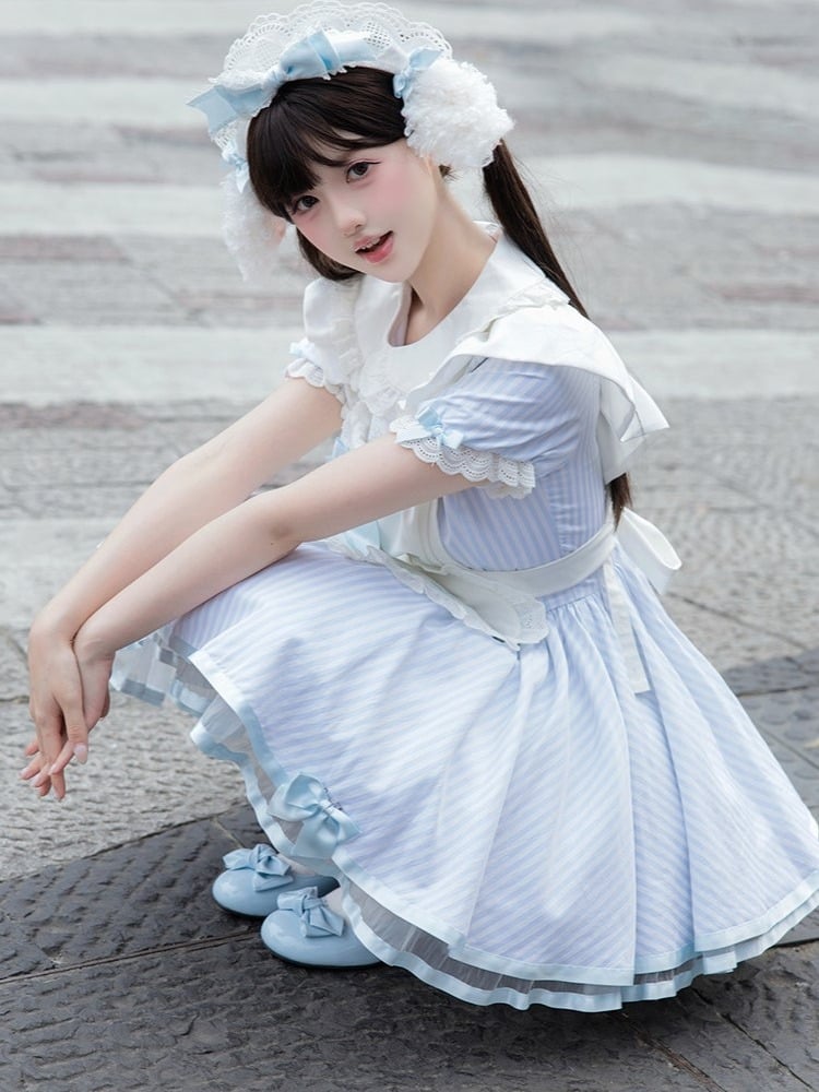 Old School Maid OP with Striped Lace Sleeves - Sheep Puff Atelier