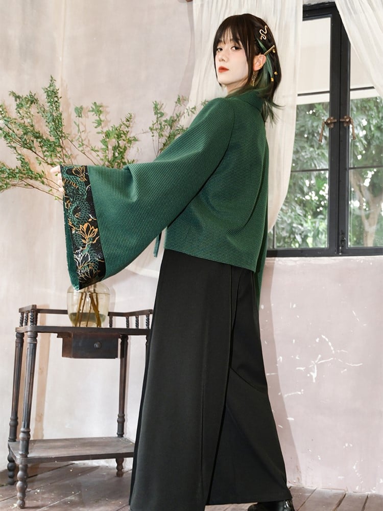 Sleeves Snake Crop with Brocade Han Cheongsam Gothic Green Wide Blazer