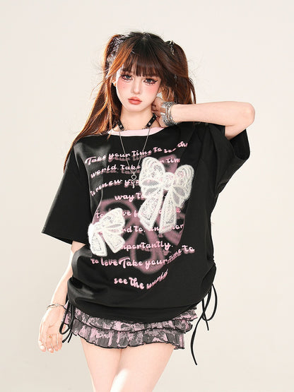 Black/White Lace Bow Appliques Drawstring Waist Sweet Graphic T-Shirt
