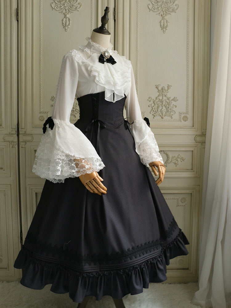 ダークグレーのエレガントなボーン入りコルセットベルト付きハイウエストロリータスカート