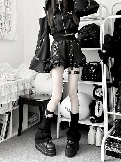 Matte Gothic Jirai-kei Black 2-Piece Set Cat Ear Hooded Cutout Shoulder Top + Shorts with Leg Garter - Bug Starting