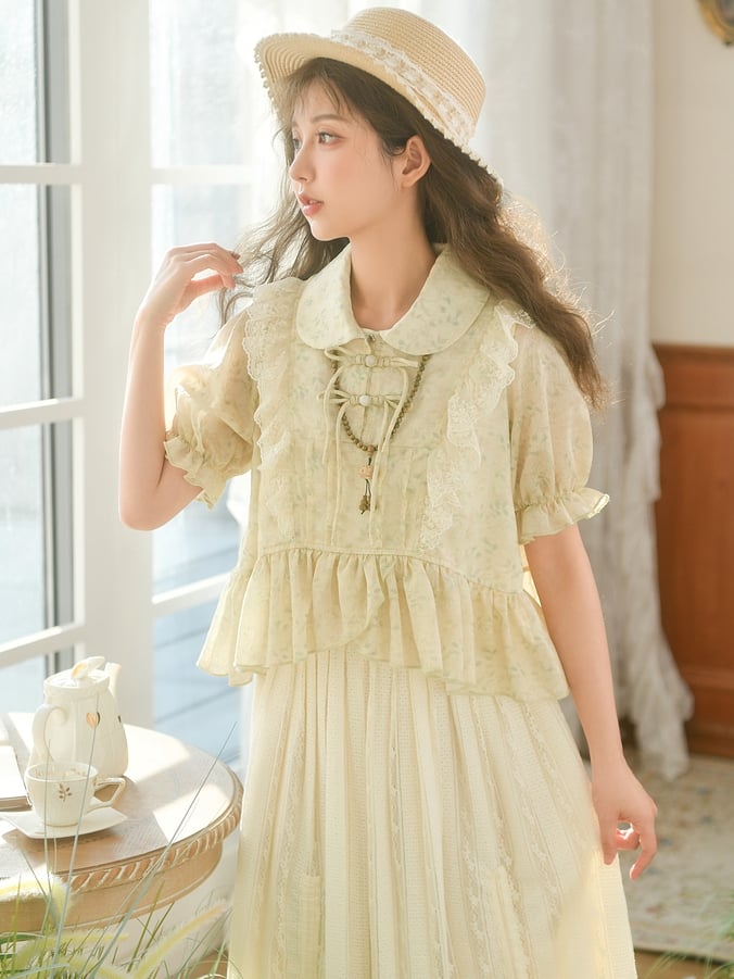 High-low Blouse Collar Trim Lace Pan Apricot Peter