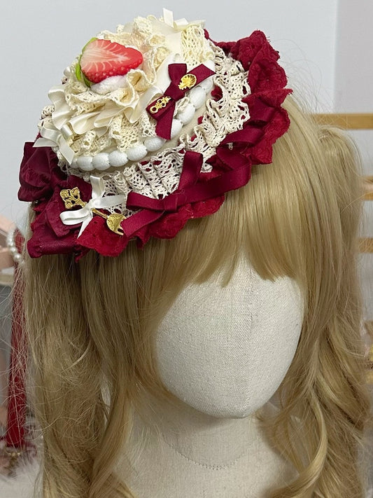 Lolita Strawberry Mini Hat Red Clips White Lace Sweet With