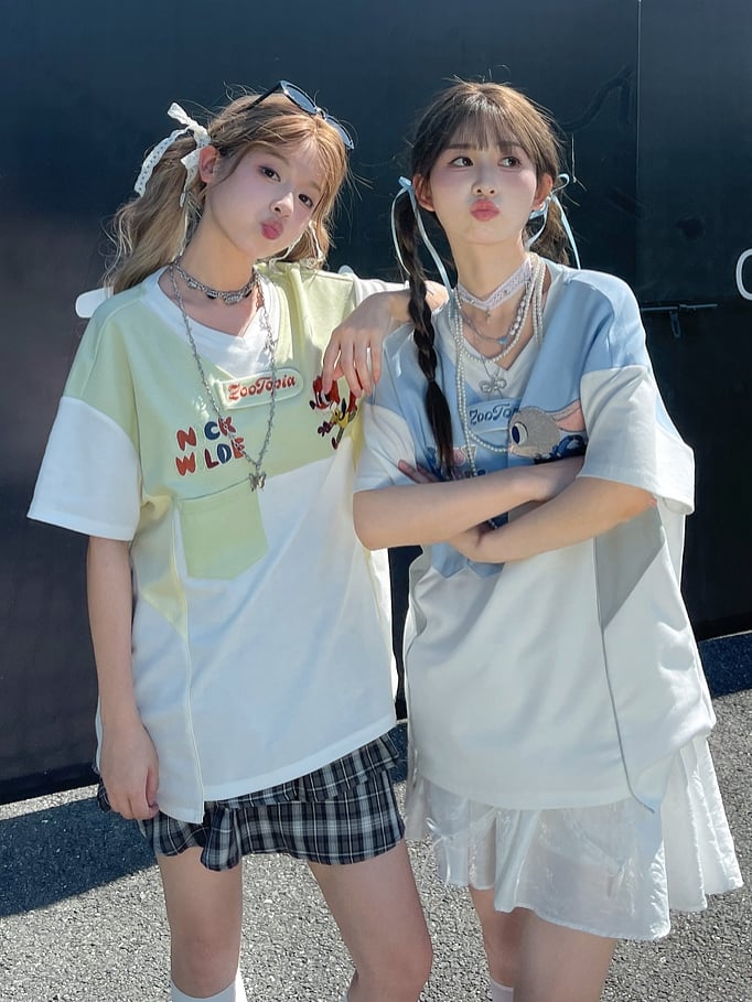 ズートピア ニックグリーン Vネック カラーブロック デザイン Tシャツ