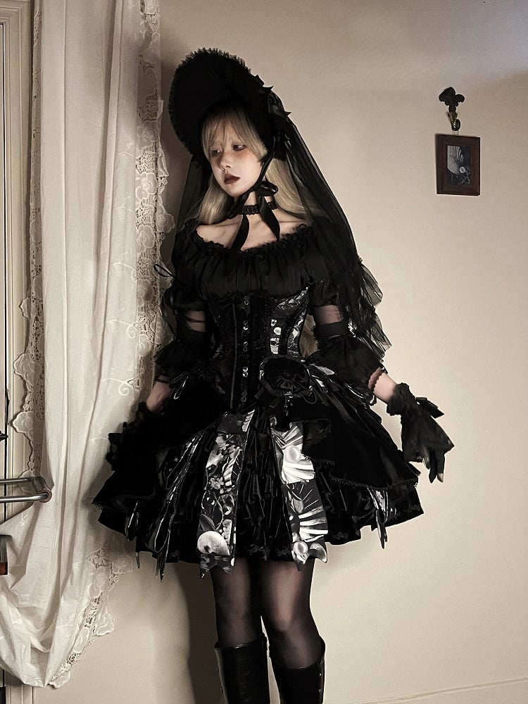 Cuffs Black Blouse Lace Off-the-shoulder Lolita with