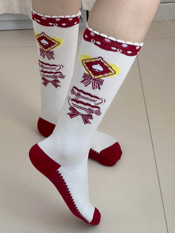 Weiße Lolita-Wadensocken mit Schleifenmuster und Rüschenbündchen