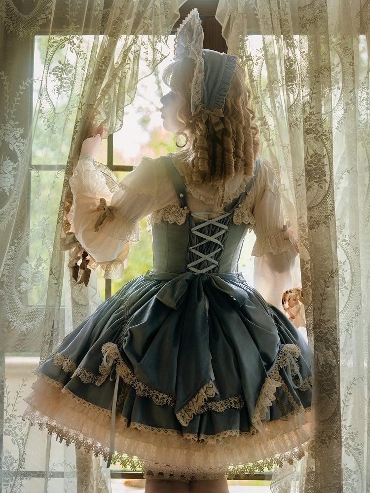 Blaues Samt-JSK-Kleid, Lolita-Stickerei, Schleifen, Dekoration, Kerze/