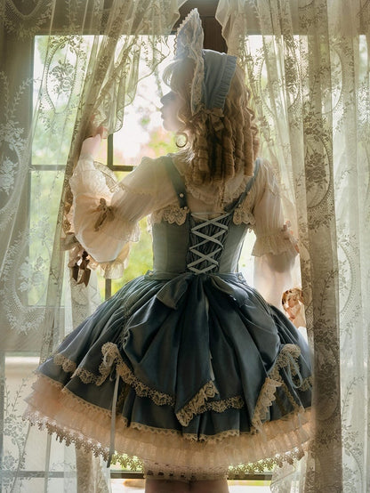 Blaues Samt-JSK-Kleid, Lolita-Stickerei, Schleifen, Dekoration, Kerze/