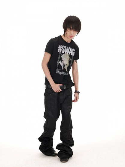 Genderless Punk Black Tee with Girl Rhinestone Print - DETW OnLine