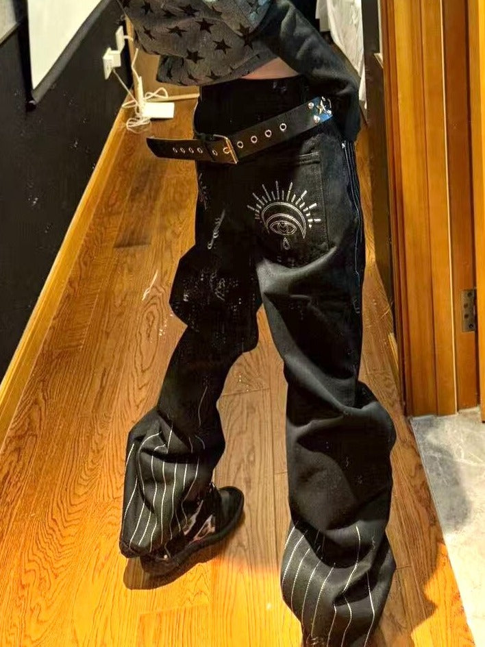 Black Curved Leg Pants with 3D Line Embroidery - DETW OnLine