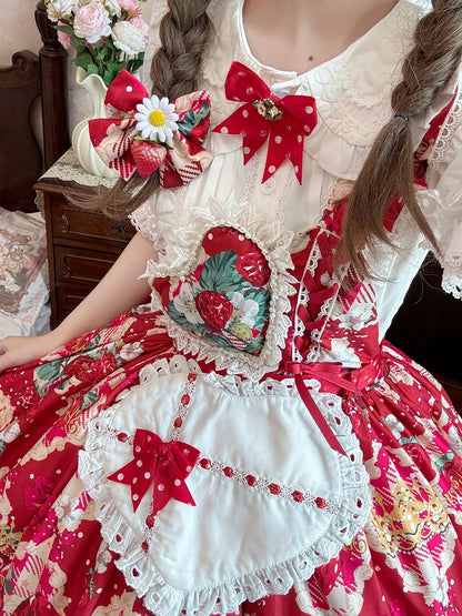 Red Sweet Apron Dress Print Strap Overall Lolita One-shoulder with Strawberry Heart
