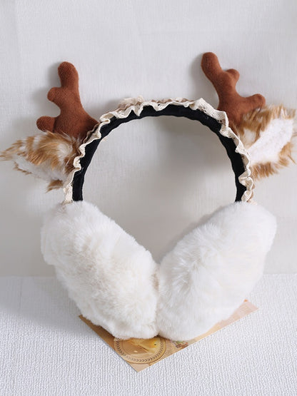 Lolita KC Khaki with Cute Elk Ear Off - White / Lace Muffs Antler