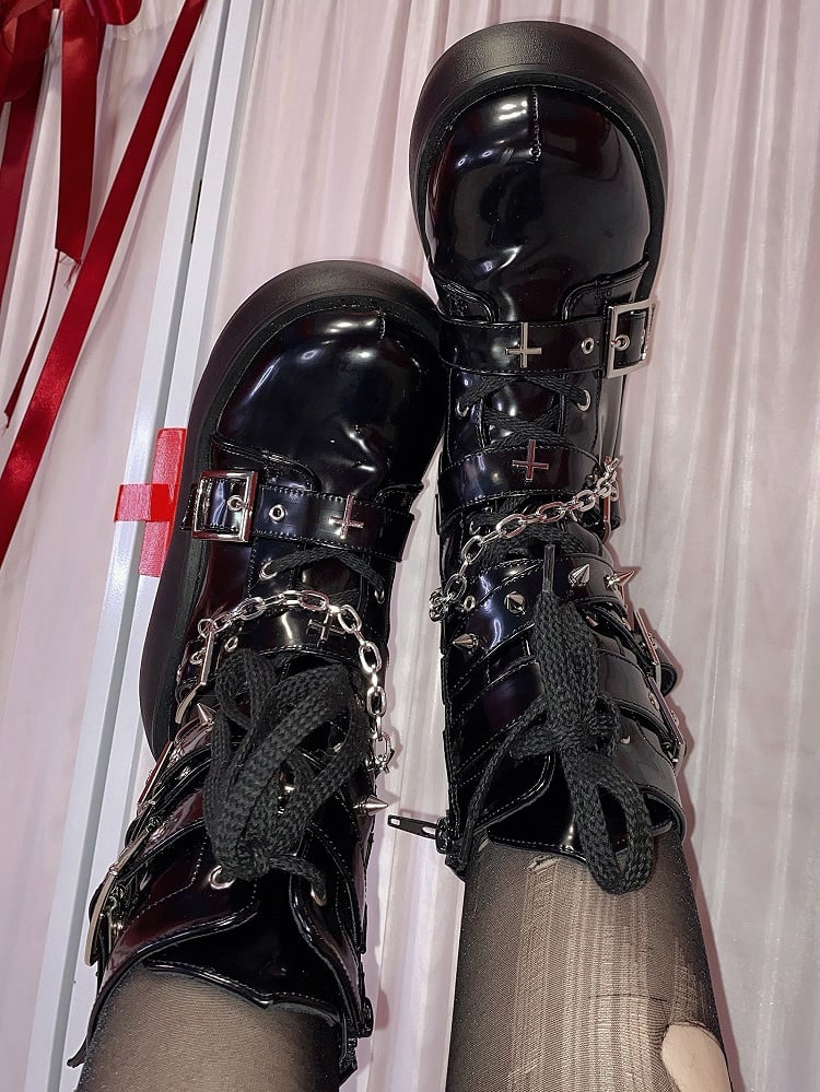 Black Chain Boots Platform Charm PU Detachable Gothic -