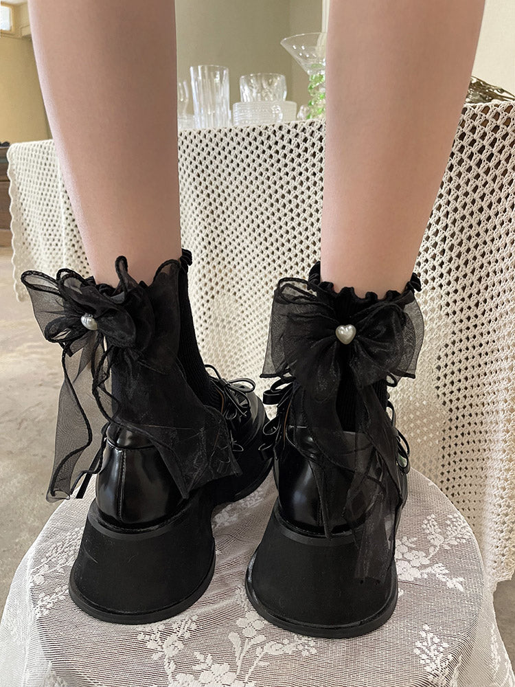 Double-Layer Bead Black/White Bowknot Mesh Socks Heart