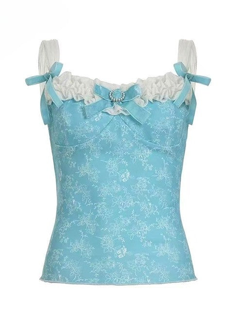 Top Holiday Trim Floral Bowknot + Details Cami Ruffles Blue