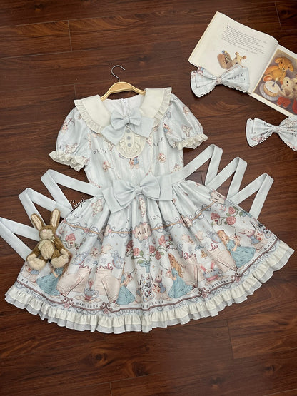Dress Print One Piece Peter Sweet Blue Light in Wonderland Pan Theme Alice Lolita Collar