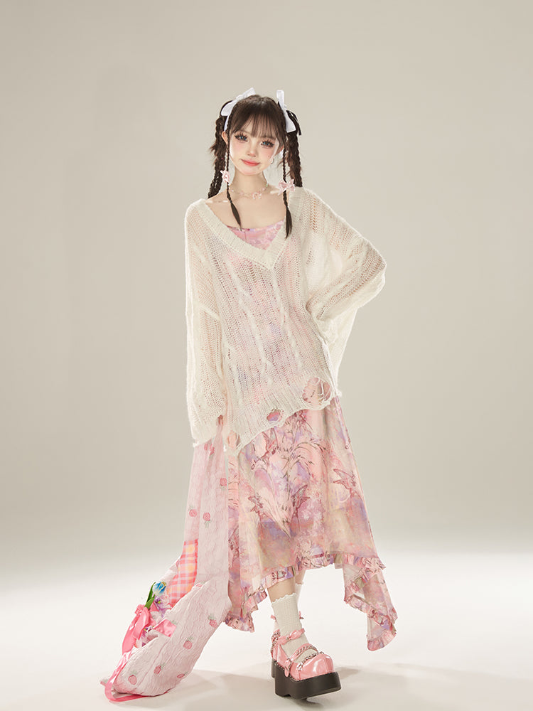 Hem Hollow-out White with Distressed V-Neck Knit Top Hole