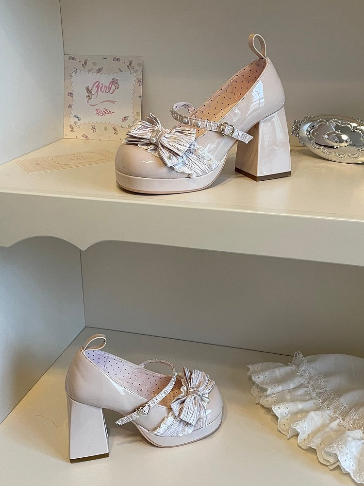 Nude Lolita Lace - Trim Pink Sweet High Block Heels