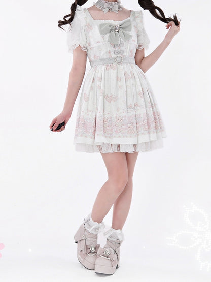 Ryousangata Style Green Bear Print Square Neck Short-Sleeve Dress with Lace and Bow Details - Shi Zhai Xin