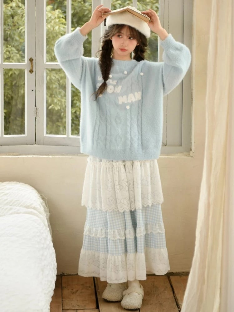 Blue and White High-Waisted Lace Patchwork Plaid Mori Kei Skirt