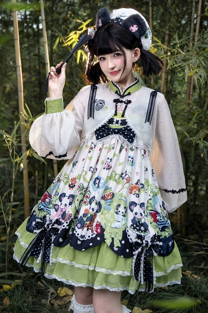 Chinoiserie Sweet Mandarin Collar Balloon Sleeve Bolero Cropped Jacket