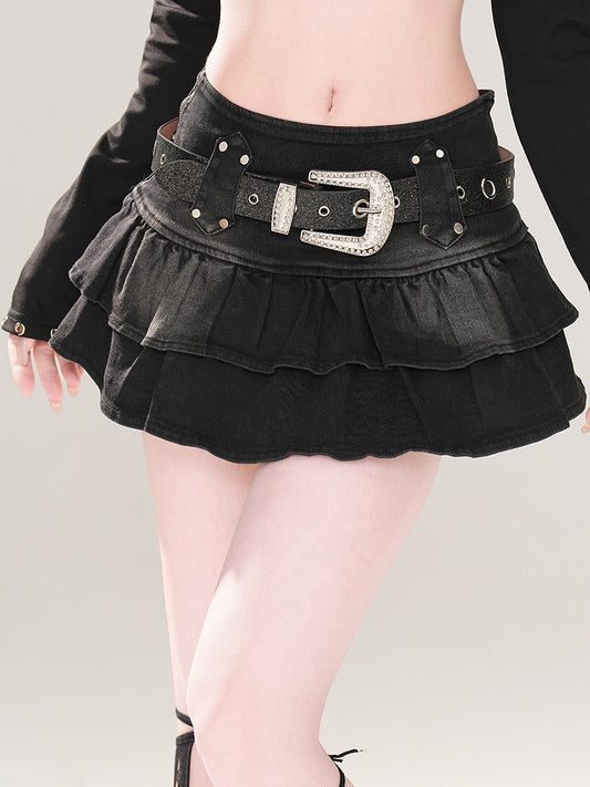 Free Tiered Skirt Belt Buckle Lined with Black Denim Glamorous