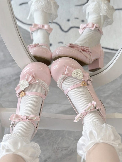 Snap Bow with Decor Lolita Shoes Sweet Pink Mid-heel Heart PU Round-Toe