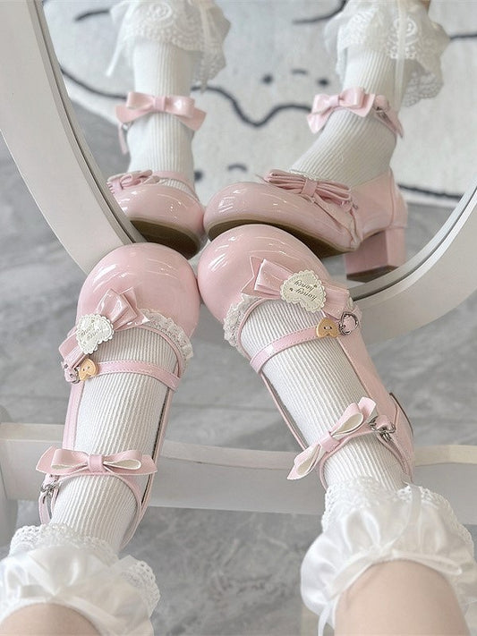 Snap Bow with Decor Lolita Shoes Sweet Pink Mid-heel Heart PU Round-Toe