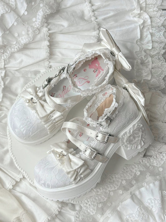 Mid Block Heel Off-white Mary Janes - Rhinestone Clasp with Gather Edging & Bow Accents