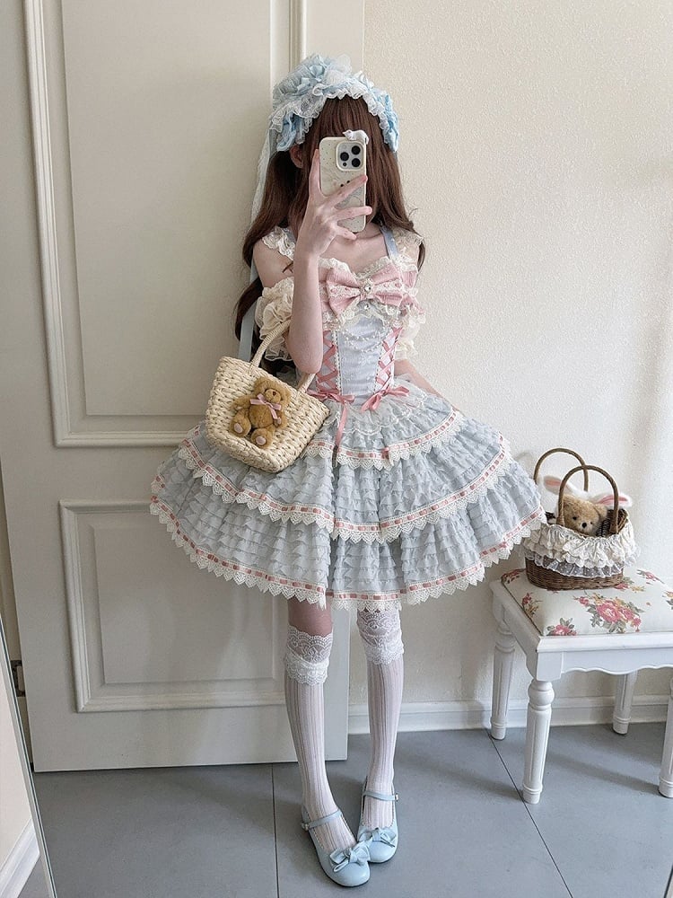 Blue Lolita Lace-up Bead Chain Details with Dress Accent Bow JSK