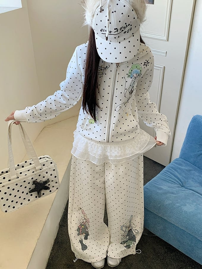 Design Pattern Polka-dot Pants Cartoon Girl Wide-leg White with Pull-on