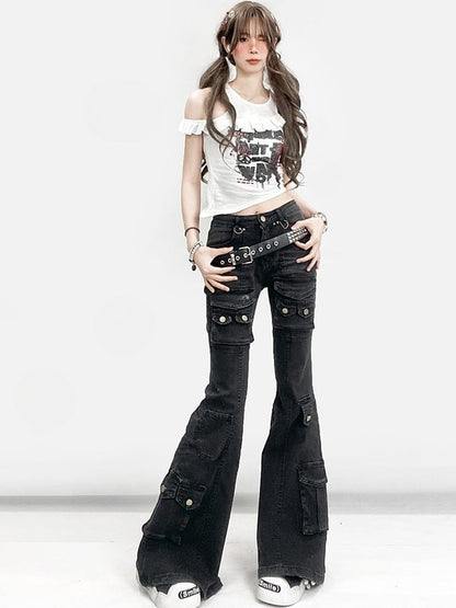 Silhouette Jeans mit mehreren Taschenakzenten, Taillenschlag, Kawaii, Schwarz, Glamourös, Bittersüß, Niedrig