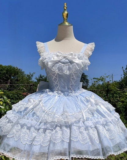 Jumper Detachable Sleeves Skirt Sweet Lolita Dress Flutter with Big Blue Lace-up Bodice High Waist Bow