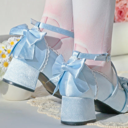 Square Lolita Bow Decorative Blue Toe Shoes Elegant Mid-heel with