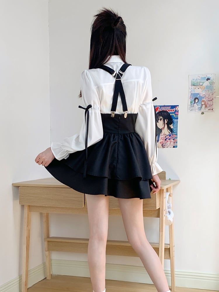 サスペンダースカート ホワイト ハイウエスト ブラック プレッピーセット - フルオーバーオール シャツ +