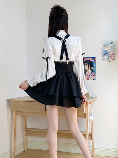 サスペンダースカート ホワイト ハイウエスト ブラック プレッピーセット - フルオーバーオール シャツ +