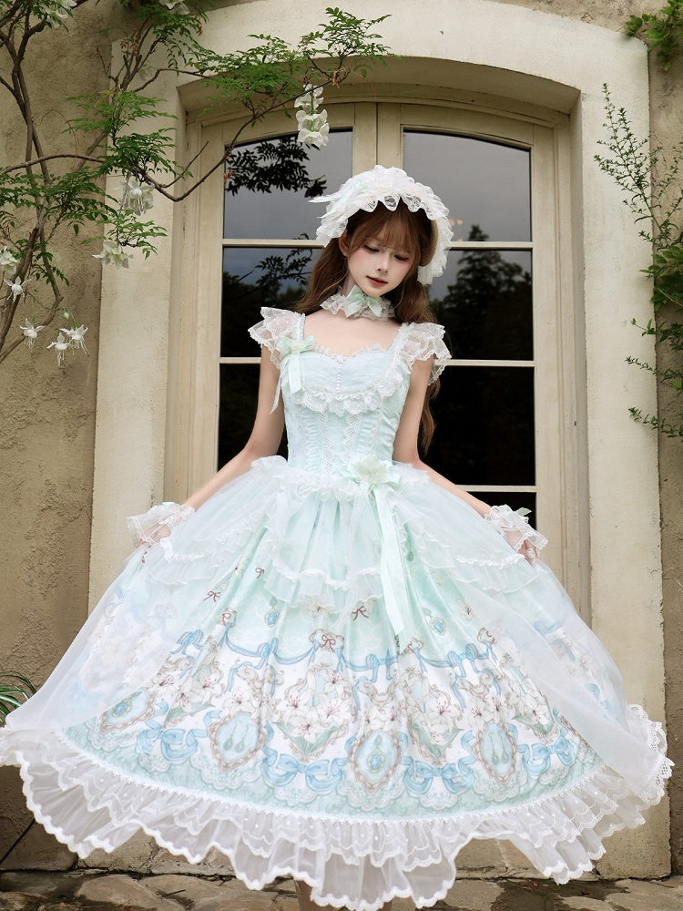 Mint Green Lily Print Lolita JSK Gown with Tulle Overlay and Back Bow Set - White Sugar Girl