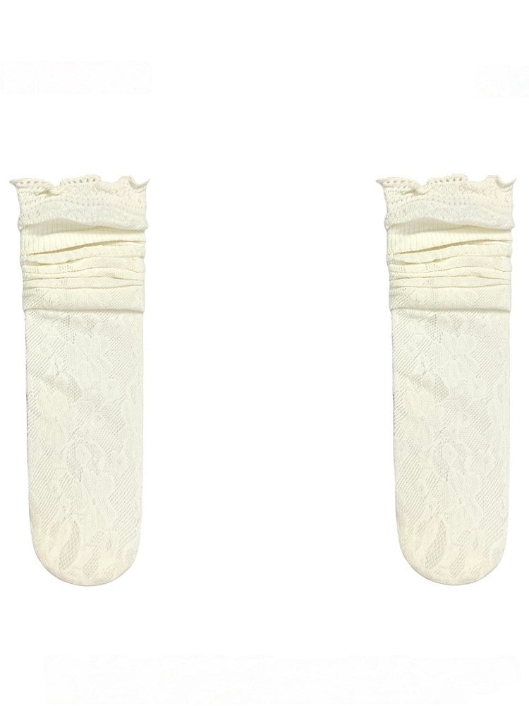 Off-White/Black Floral Pattern Cut-out Design Calf Socks