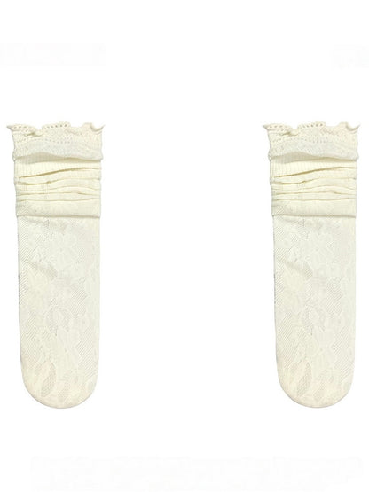 Off-White/Black Floral Pattern Cut-out Design Calf Socks