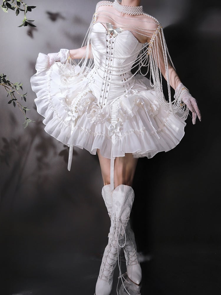 Hem Ruffle Skirt Gothic White Lolita Drawstring