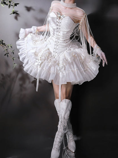 Hem Ruffle Skirt Gothic White Lolita Drawstring