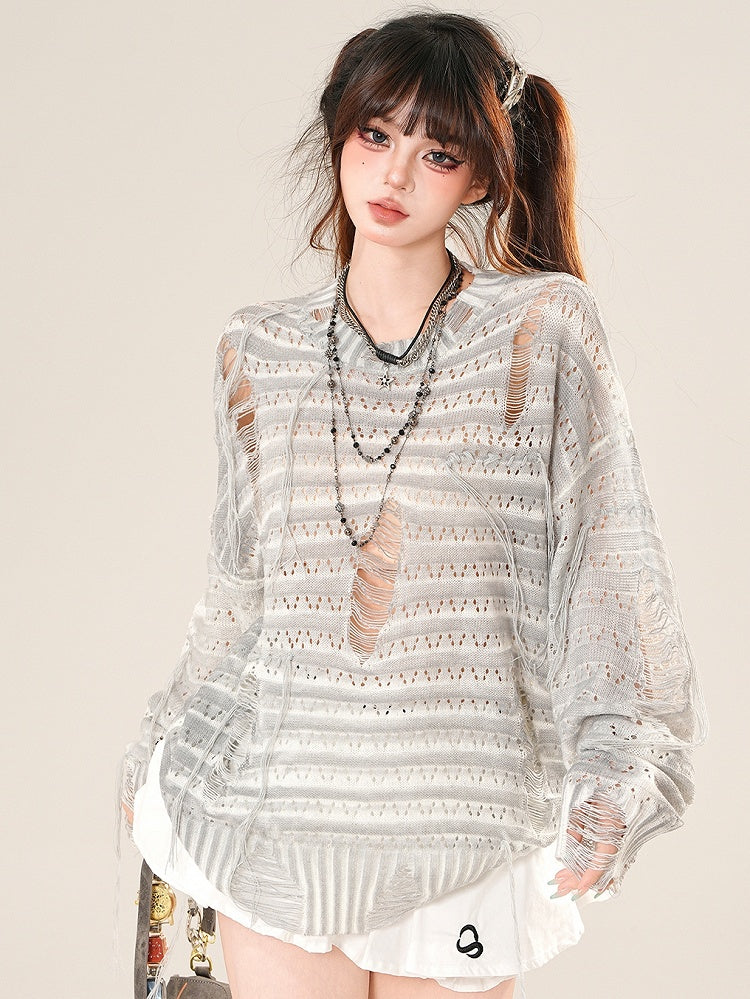 Protection Sun Gray/Beige Glamorous Long Hole Sleeves Distressed