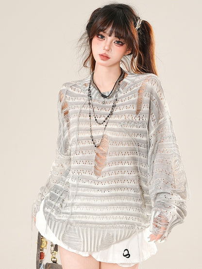 Protection Sun Gray/Beige Glamorous Long Hole Sleeves Distressed