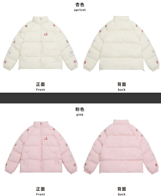 ホワイト/ピンクのキティ刺繍ハイネックパファージャケット