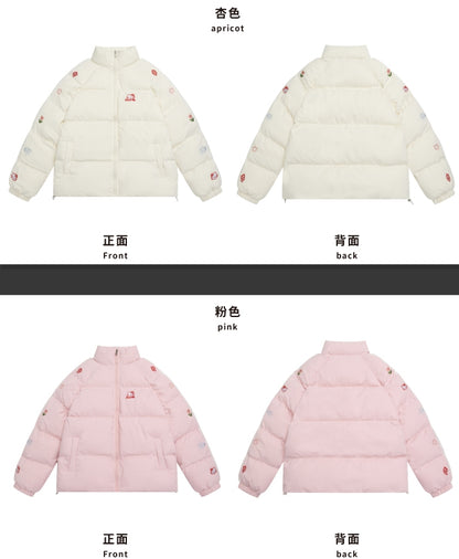 ホワイト/ピンクのキティ刺繍ハイネックパファージャケット