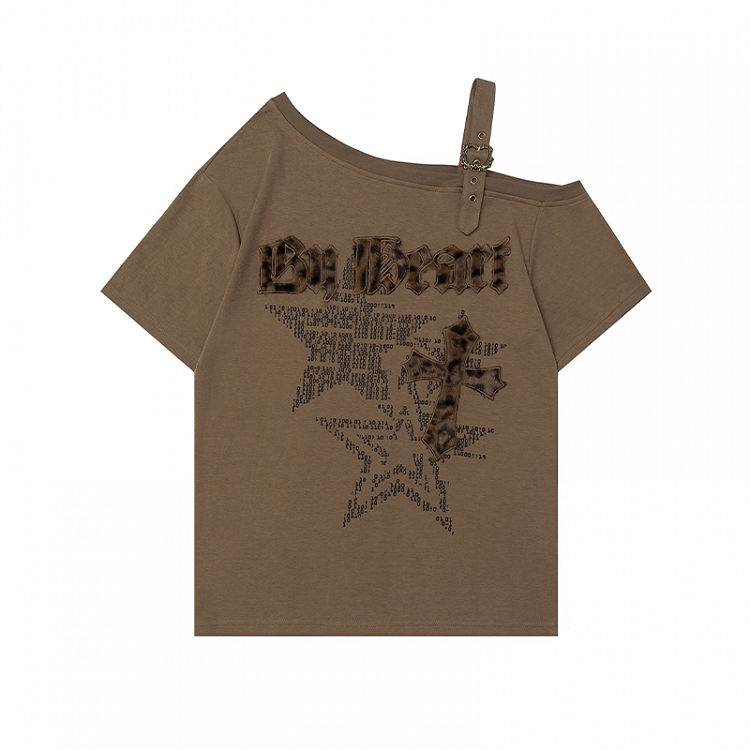 Fashion Gyaru Asymmetrischer T-Shirt Ausschnitt Leopard Kreuz Applikation Braun