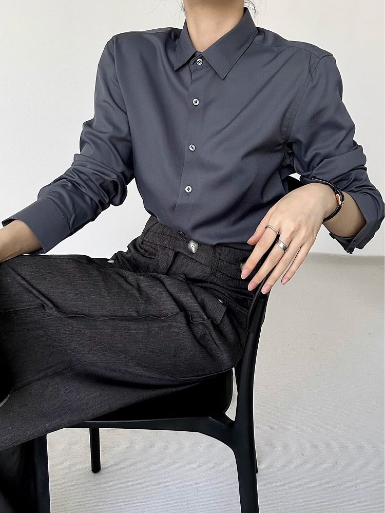 Long Button Cuffs Ouji Shirt Pointed Flat Gray Sleeve Modal Lolita with Dark Collar Unisex